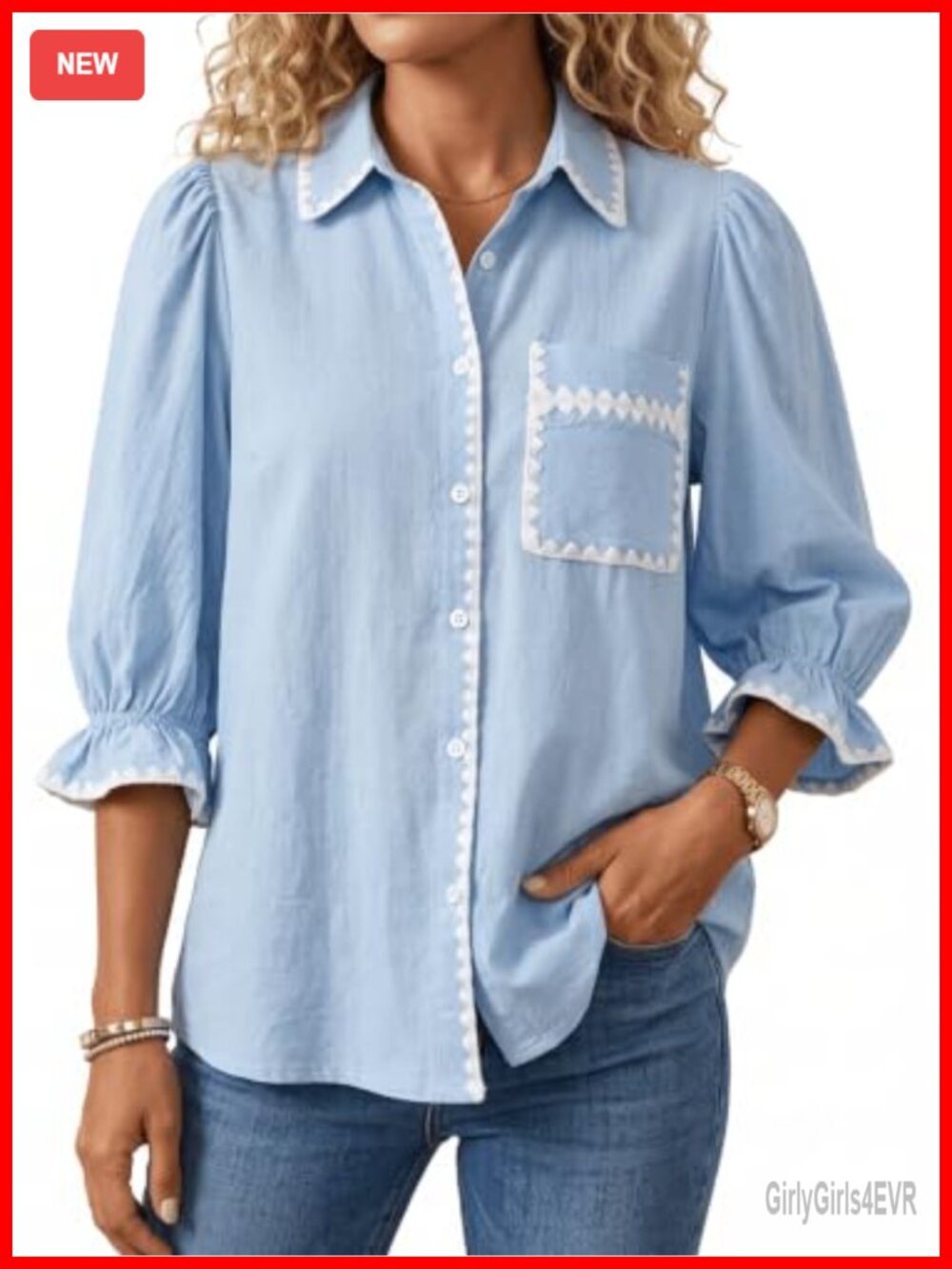 100% Cotton Puff 3/4 Sleeve RIC Rac Scallop Button Down Shirt